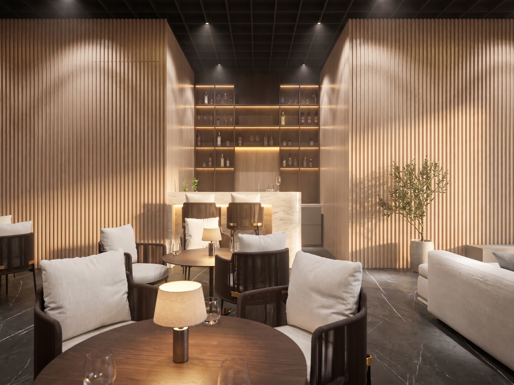 Zona social de un proyecto inmobiliario modelada en 3D, con bar, mesas y luz cálida