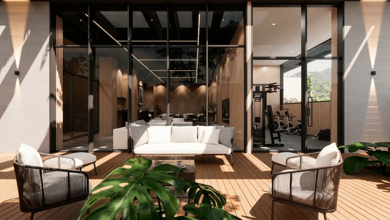 Sala de un apartamento modelada en 3D con luz natural entrando por el ventanal