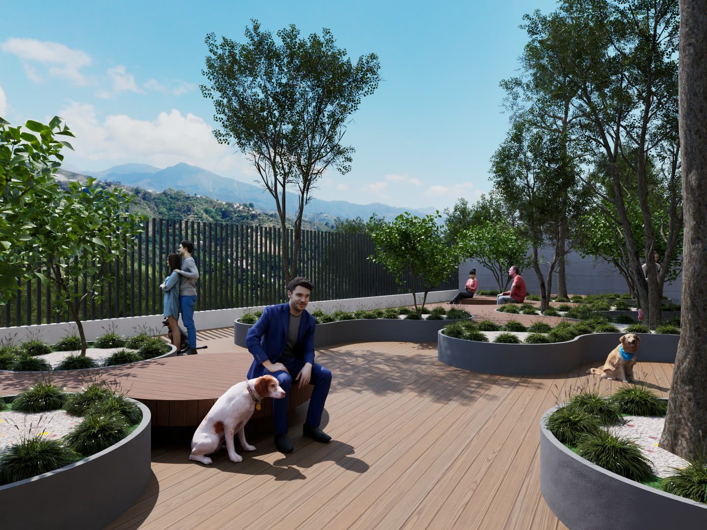 Terraza social de un proyecto inmobiliario modelada en 3D, con vista a la ciudad