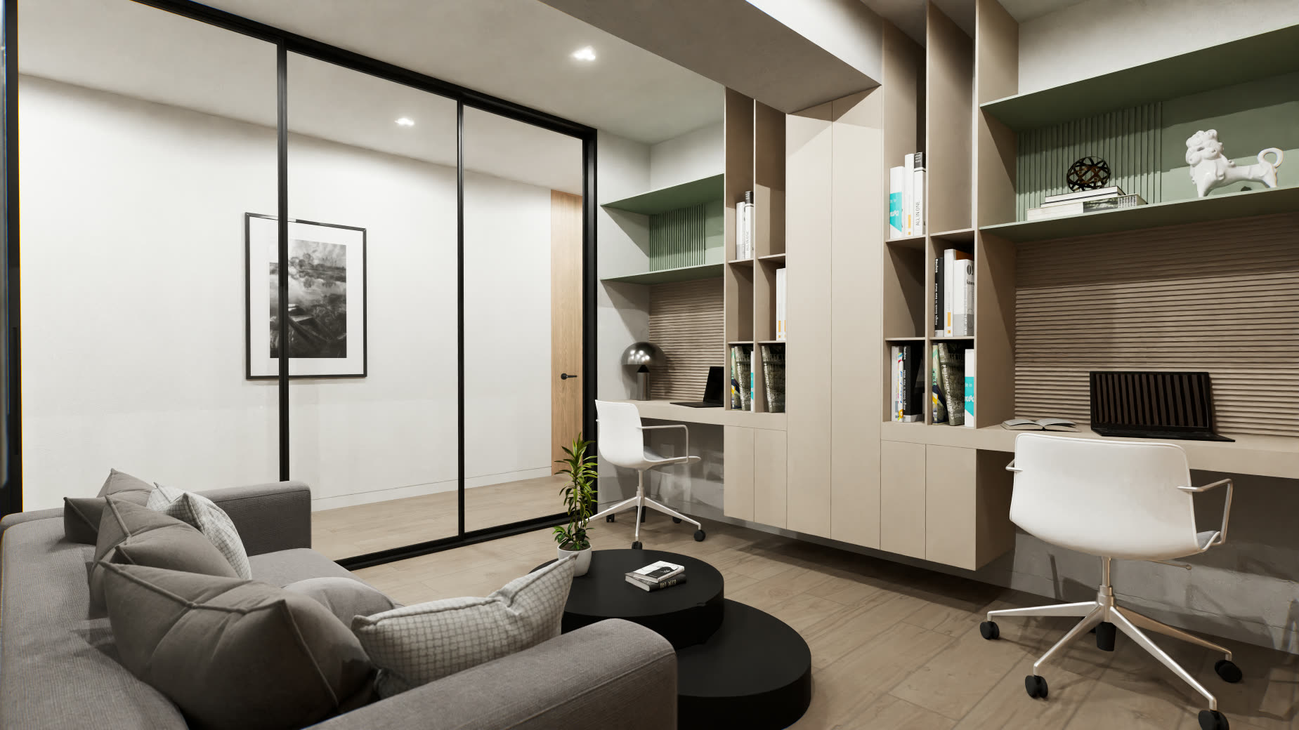 Estudio de un apartamento modelado en 3D, con dos escritorios y biblioteca